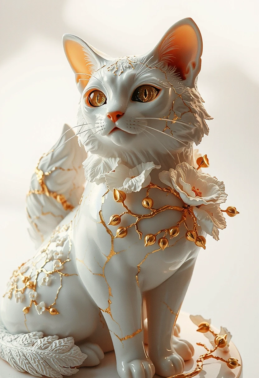 Digital image in Baroque and rocaille style with elements of kintsugi technique. Close-up. (Decorative sculpture made of white porcelain: 1.5). Golden cracks. Volume. The…