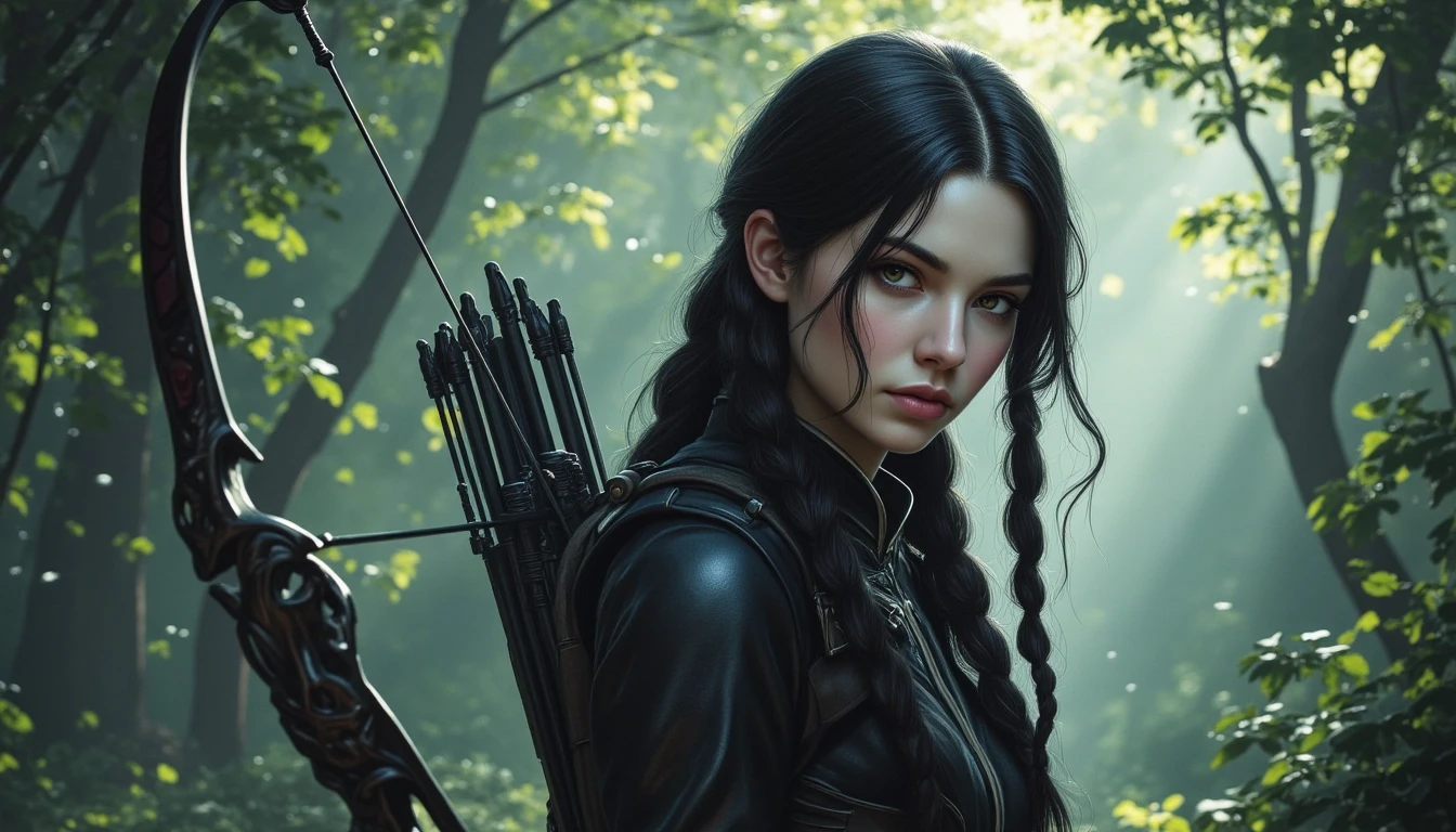 A dark fantasy portrait of a powerful and mysterious Archer with pale skin and long braid black hair, wearing a magical suit, Her expression is serene yet somber, standing in…