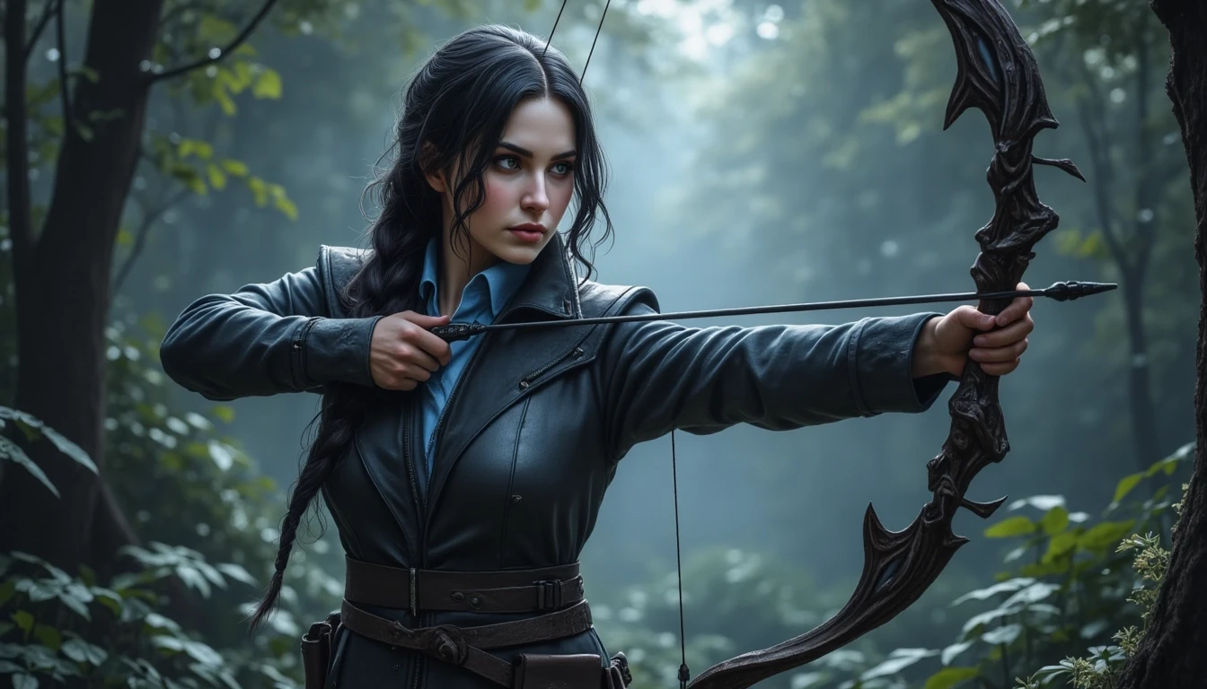 A dark fantasy portrait of a powerful and mysterious Archer with pale skin and long braid black hair, wearing a magical suit, Her expression is serene yet somber, standing in…