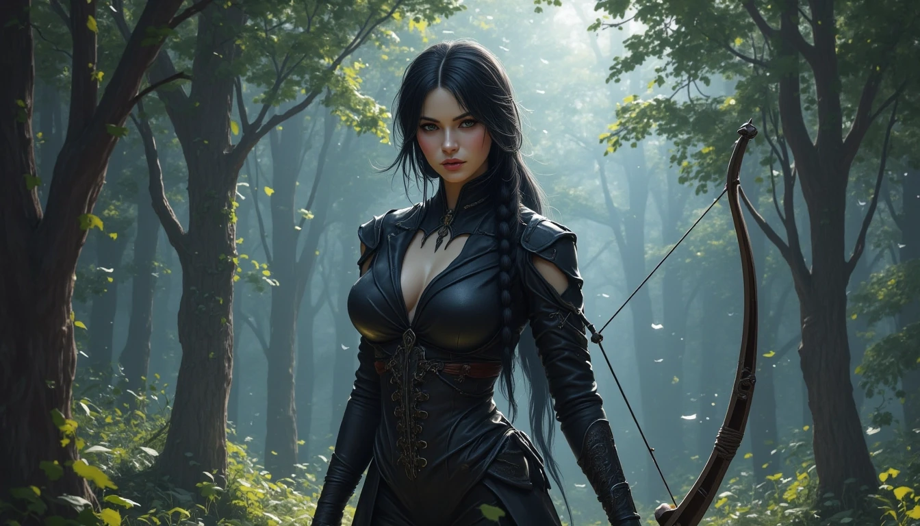 A dark fantasy portrait of a powerful and mysterious Archer with pale skin and long braid black hair, wearing a magical suit, Her expression is serene yet somber, standing in…