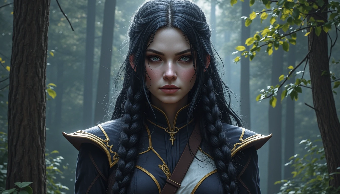A dark fantasy portrait of a powerful and mysterious Archer with pale skin and long braid black hair, wearing a magical suit, Her expression is serene yet somber, standing in…