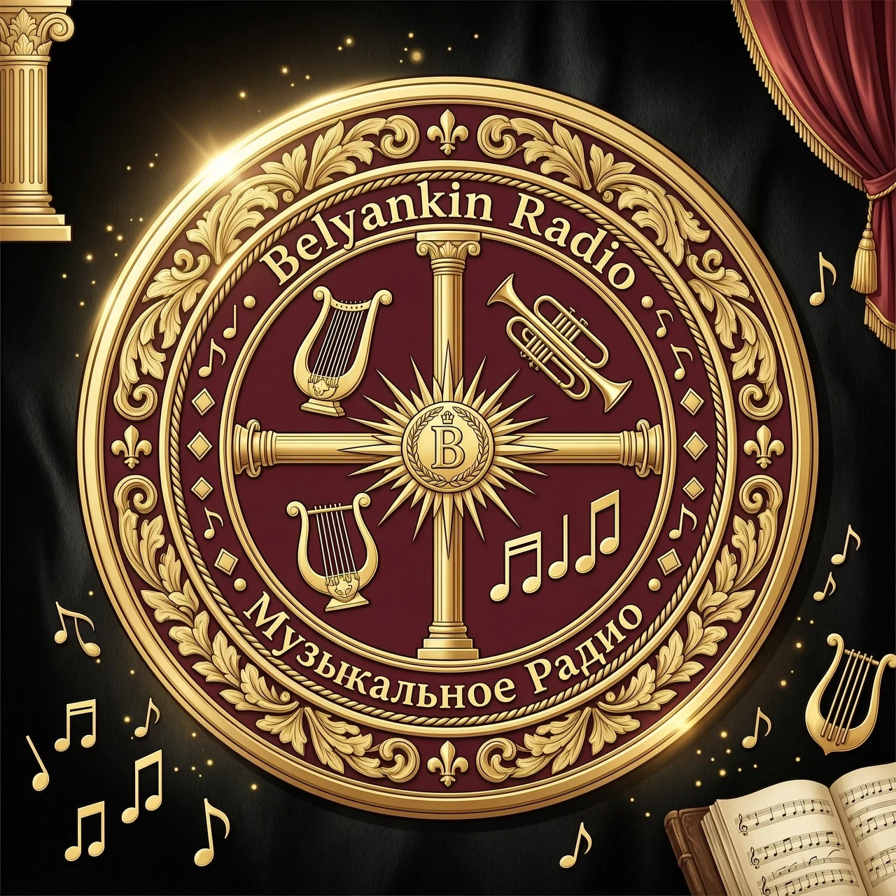 логотип Belyankin Radio. Belyankin Radio музыкальное радио. XVII век, Франция, стиль барокко, геральдика, роспись, глянец, лак, золото, боковой солнечный свет, блики, блеск,…