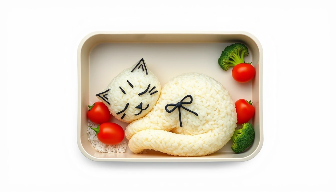 A perfectly arranged Japanese bento box featuring a sleeping cat made of fluffy white rice, with nori details for its eyes and whiskers, snuggled under a blanket made of a thin…