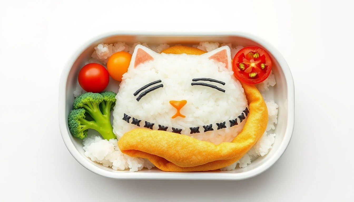 A perfectly arranged Japanese bento box featuring a sleeping cat made of fluffy white rice, with nori details for its eyes and whiskers, snuggled under a blanket made of a thin…