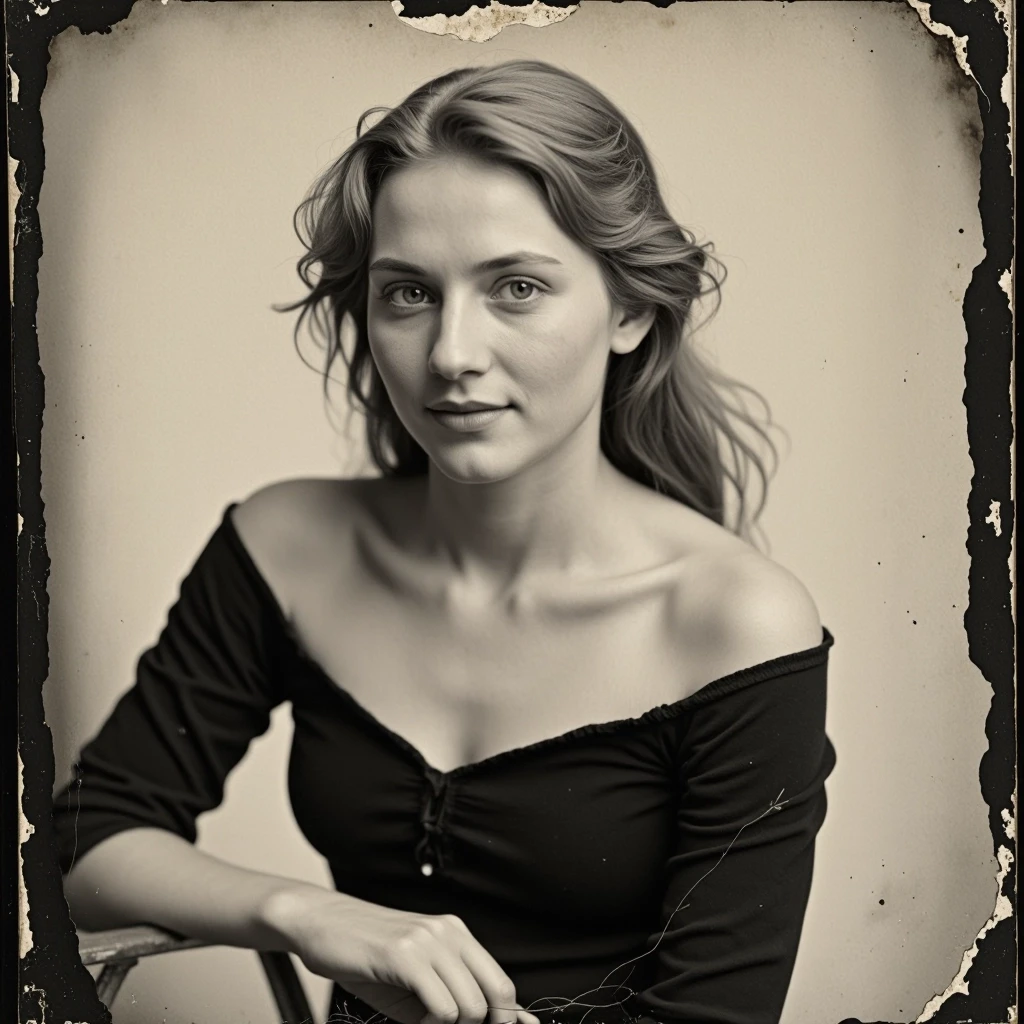 Молодая женщина (примерно 25–28 лет), стройная, светлая кожа, длинные волосы собраны на затылке, голубые/серые глаза, нейтральное уверенное выражение лица с лёгкой…
