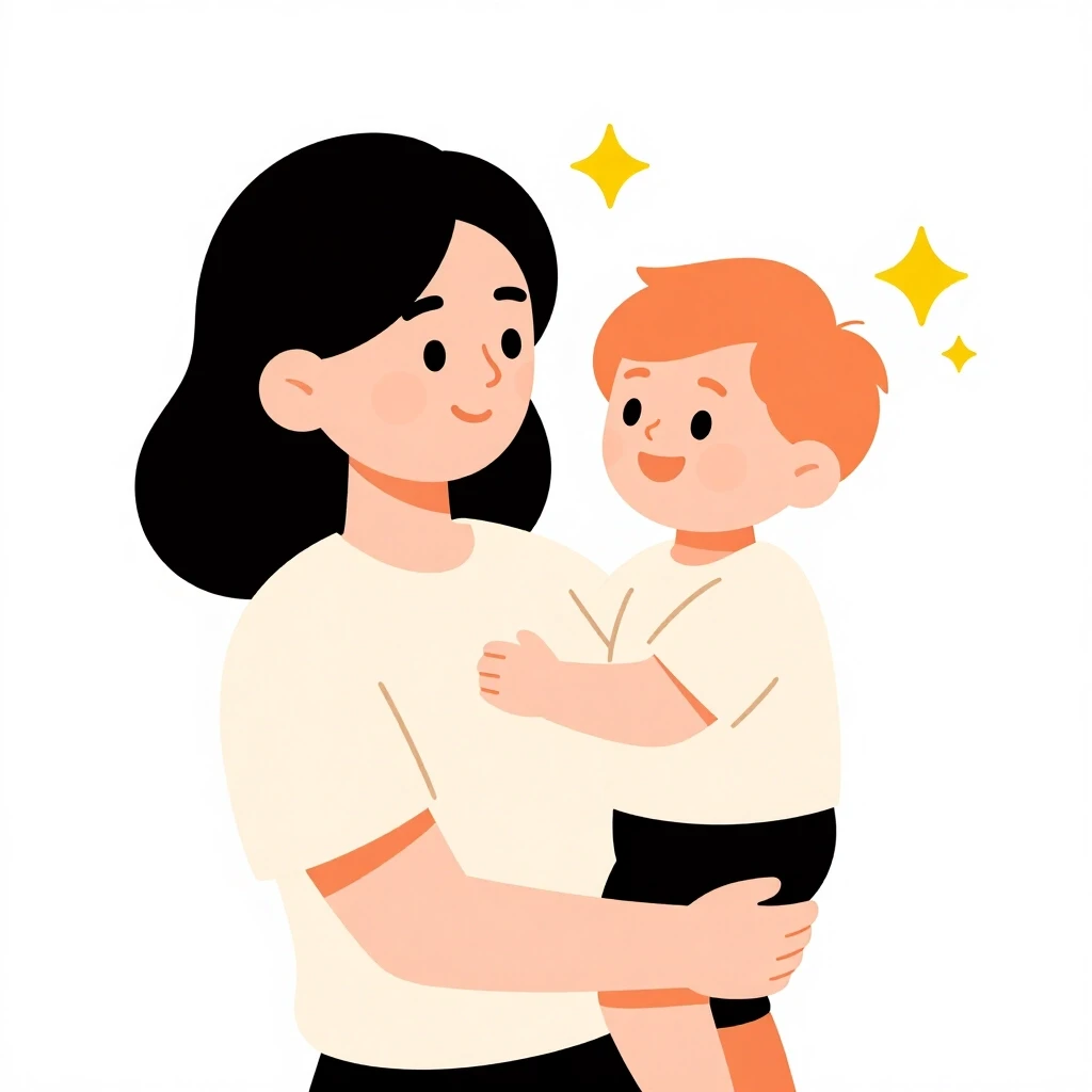 Modern flat vector illustration. A woman with dark hair from the waist up, holding a small child in her arms. The child (toddler) has ginger hair and smiles happily looking at…