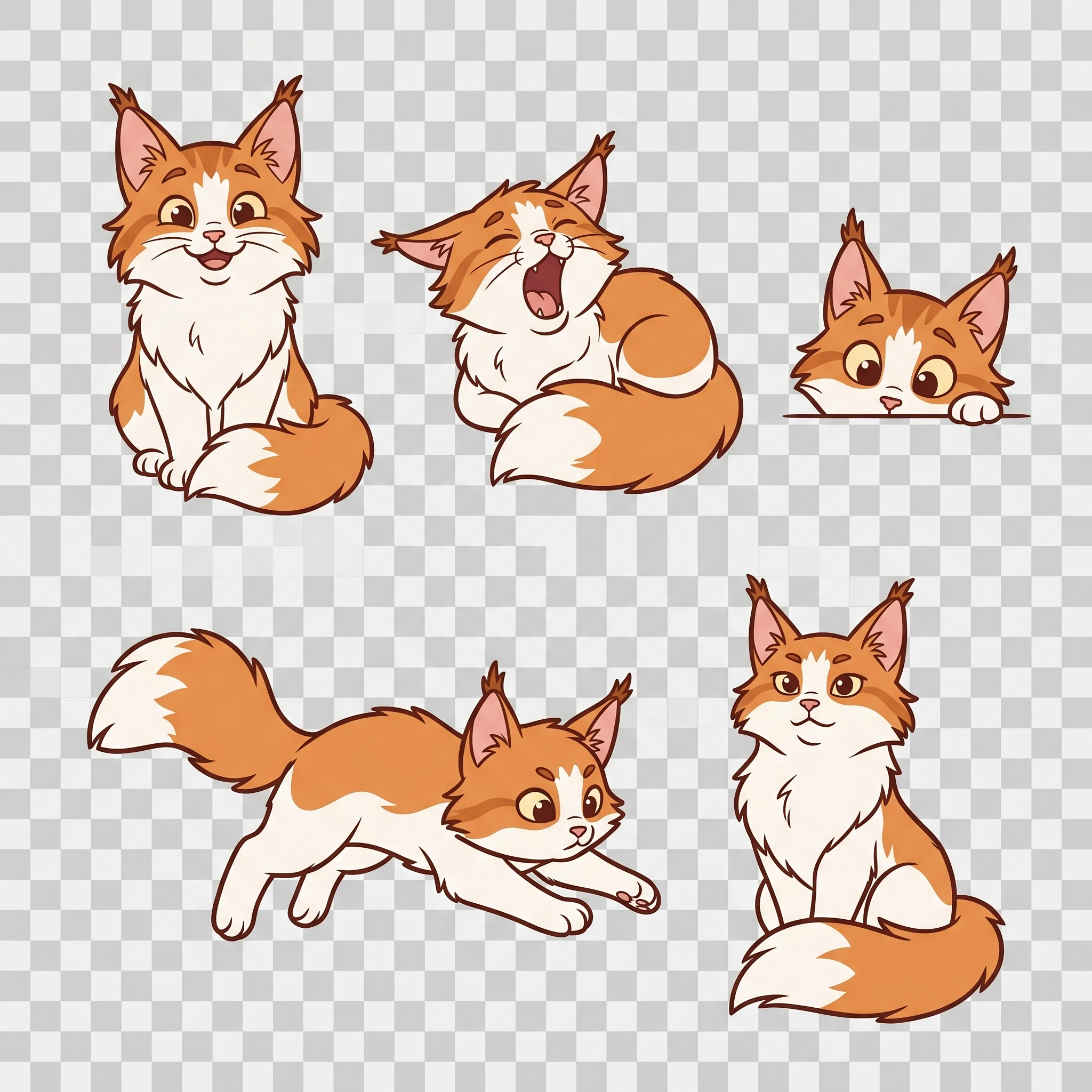 5 separate images of a cute cartoon Maine Coon cat, white and ginger orange fur, Disney animation style, large expressive eyes, fluffy ears with tufts, bushy tail, chibi…