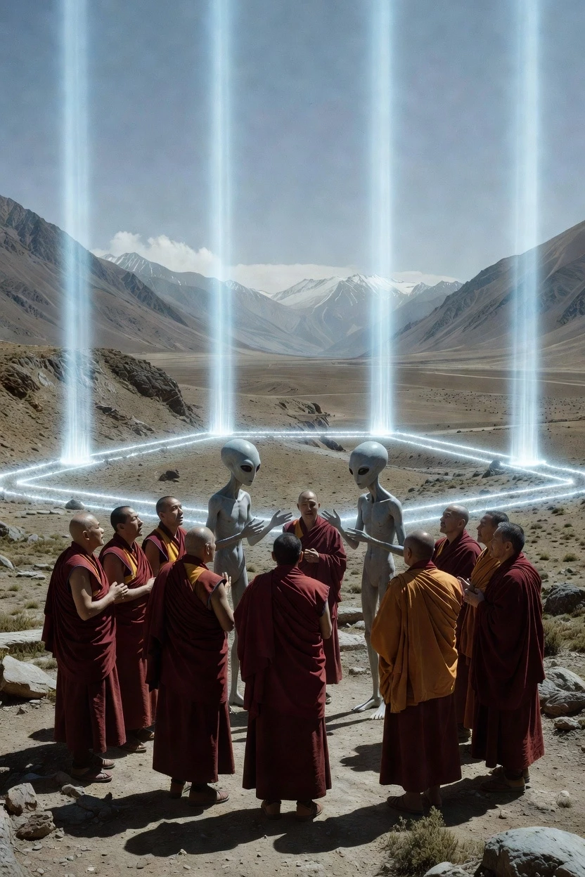 image_scene: base_prompt: "Горная база в Тибете. Четыре световых луча, ограждающих священную долину, где земные ламы и монахи общаются с инопланетными «Серыми…