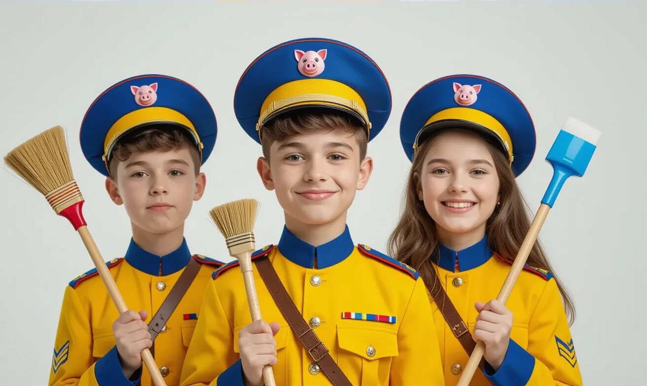 Teenagers with stupid faces, in yellow and blue military uniforms, wearing military caps with cockades in the shape of a pig's head, holding brooms and plungers in their…