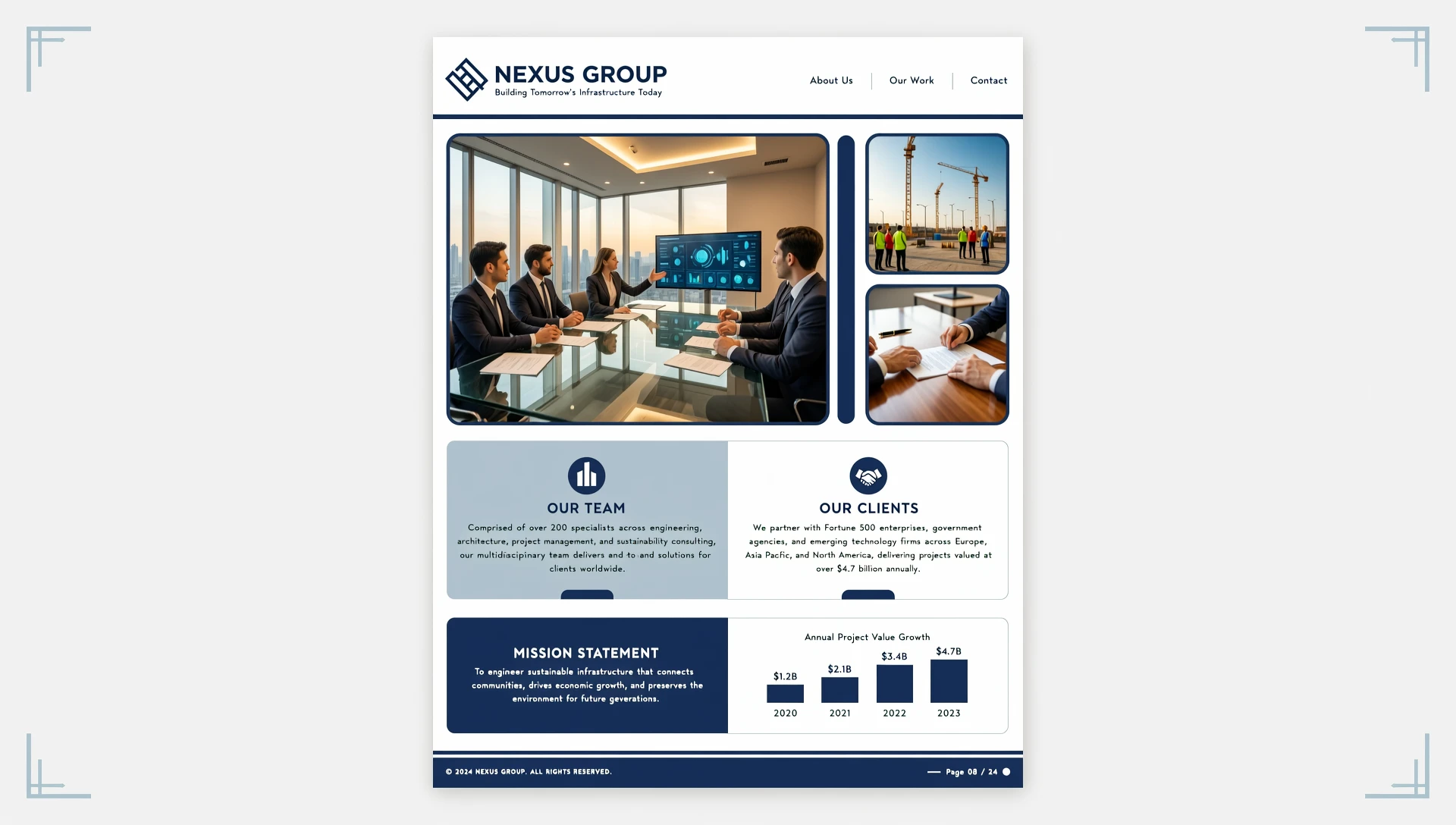 Design one page of a company album, landscape A4 format. Corporate colors: blue and white. The page should include several photographs and 1-2 small text blocks. — работа…