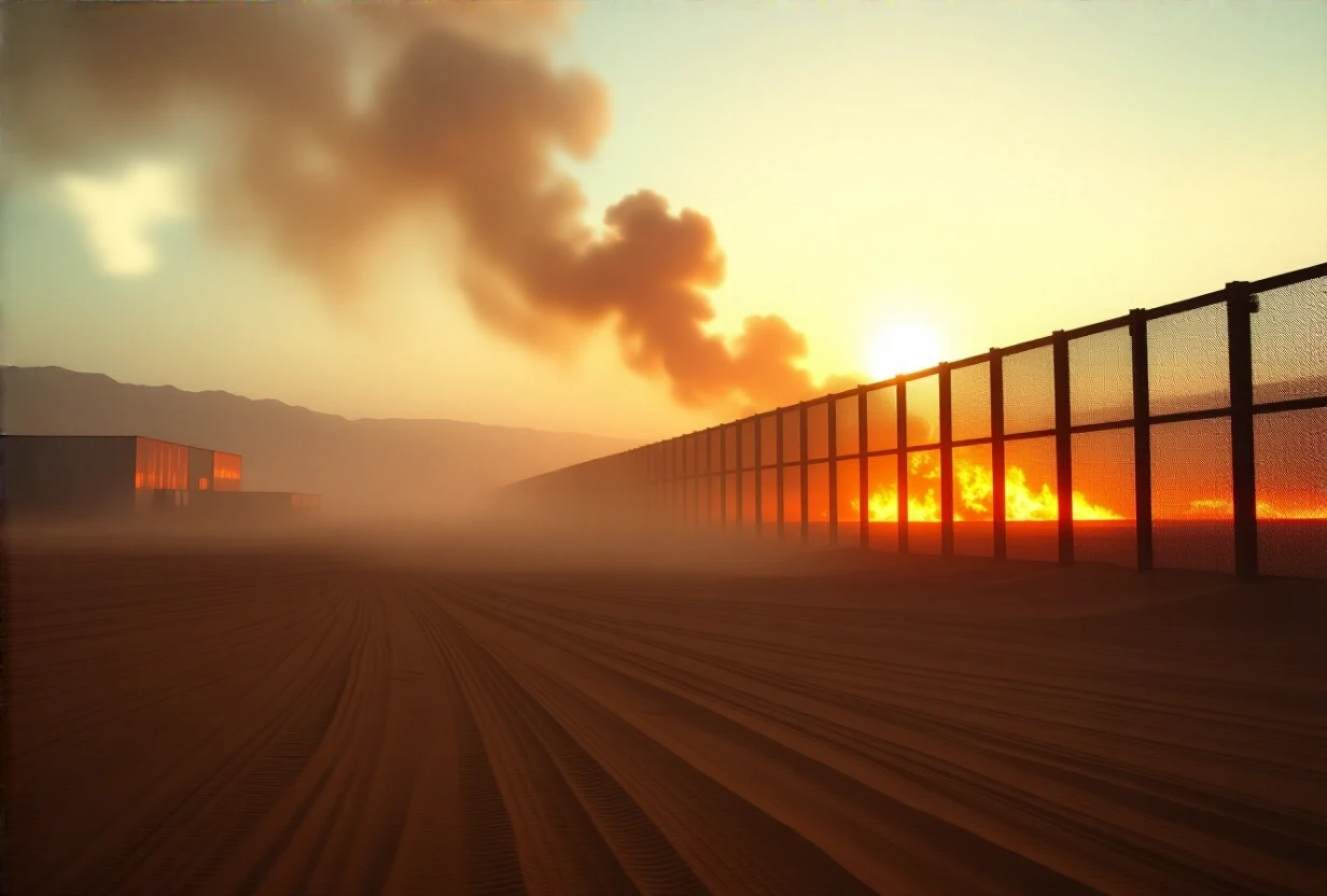 A vast, empty desert plain stretching into the distance under a hazy, dusty sky. In the background, a tall metal grid fence glows against a bright fiery light source behind it,…