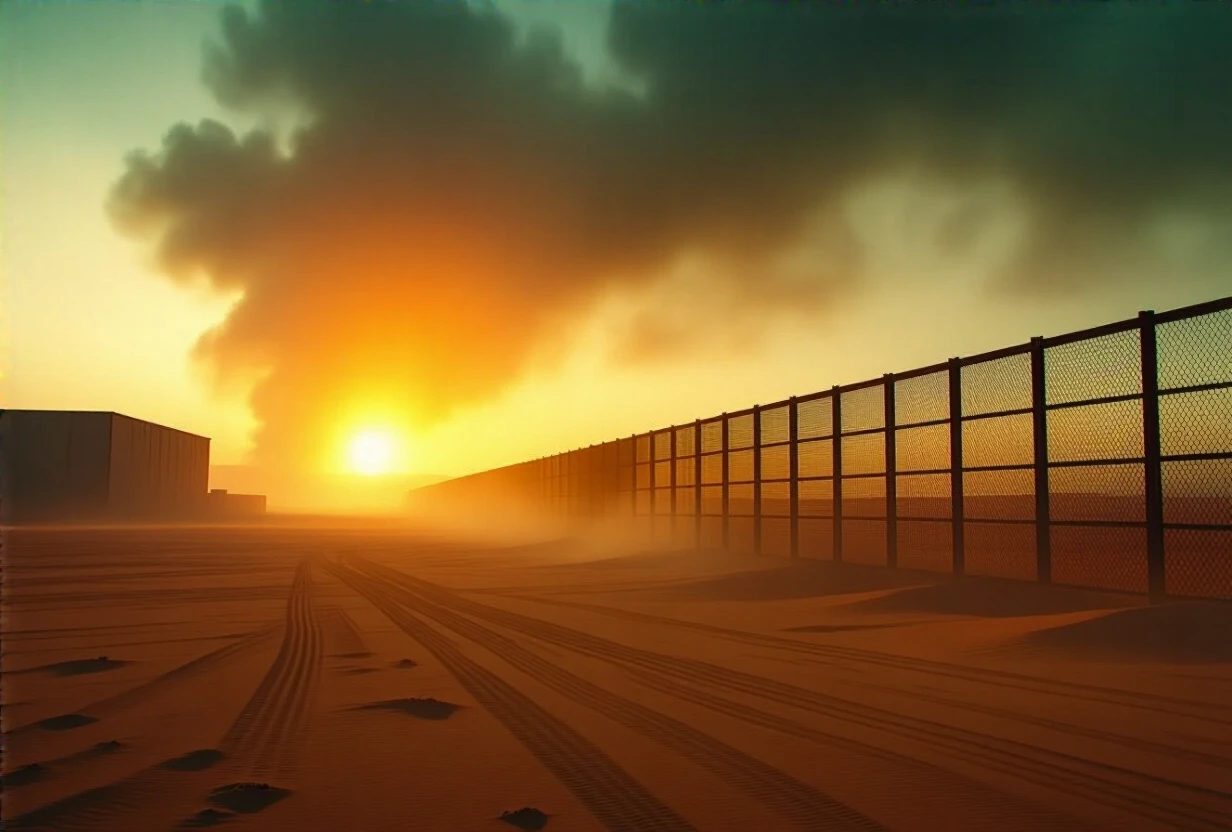 A vast, empty desert plain stretching into the distance under a hazy, dusty sky. In the background, a tall metal grid fence glows against a bright fiery light source behind it,…