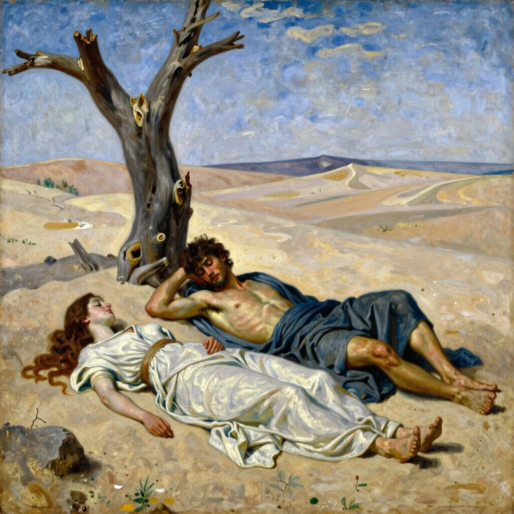 Oil painting, ancient times of Greece, a young man of 20 years old and a girl of 18 years old, lying unconscious on the sand, next to a dried tree, around the desert, style Ilya…