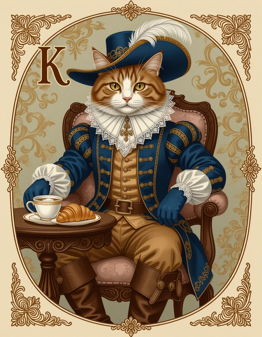 An anthropomorphic cat in boots, dressed in a Renaissance or early modern costume. The cat appears bold and determined, ready for adventure.- Fur color: Red fur with white…