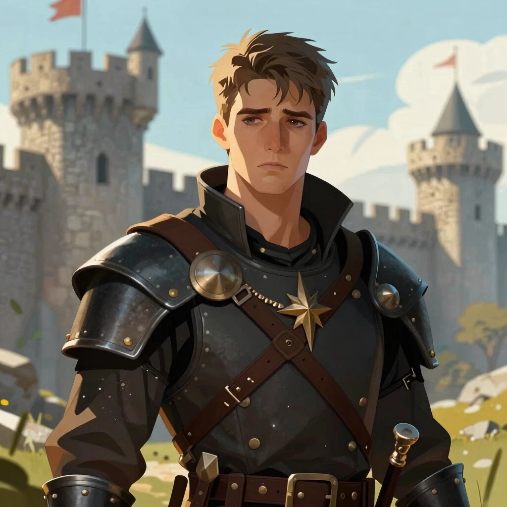 Fantasy illustration: a handsome young man with short hair and sad eyes, dressed as a mercenary, set against the backdrop of a medieval fortress. — работа пользователя Пряный…