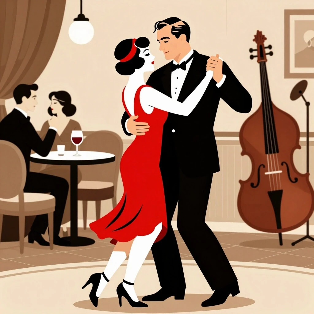 vintage jazz club illustration, 1920s style, couple dancing, red wine. woman in red dress, седой man in suit, sepia tones, detailed line art — работа пользователя Лилия Кликич