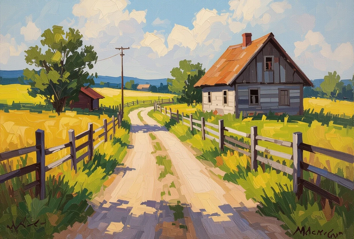 impressionist painting a modest rural plot. The sun-warmed wood of an old house - rickety from time to time; The road passing by is a dirt road, worn out by recent rains, but…
