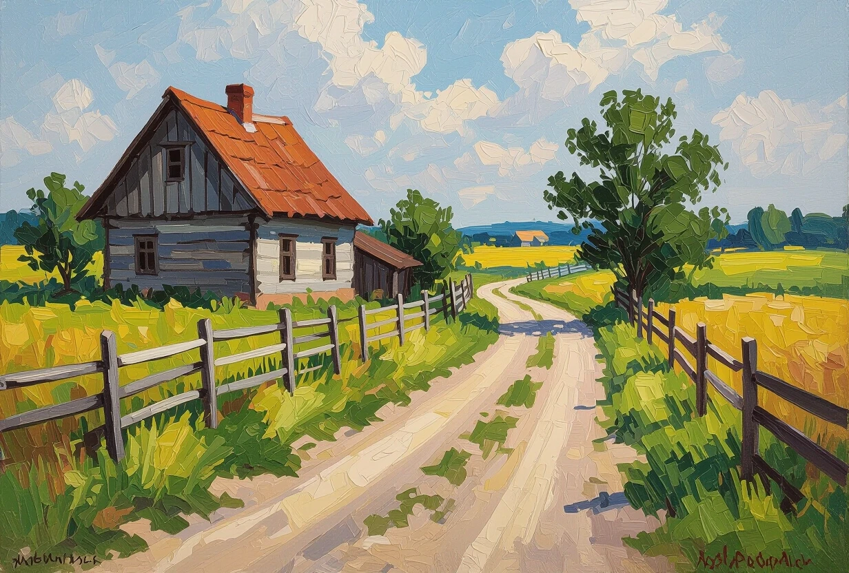 impressionist painting a modest rural plot. The sun-warmed wood of an old house - rickety from time to time; The road passing by is a dirt road, worn out by recent rains, but…