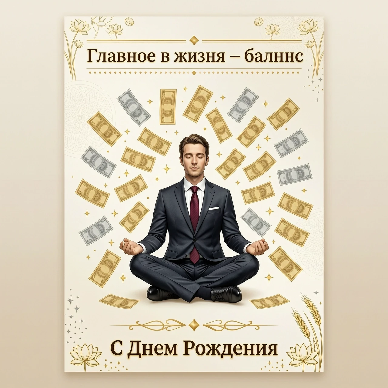 На изображении представлен белый мужчина в офисном костюме, сидящий в классической позе лотоса. Эта поза символизирует спокойствие, гармонию и внутреннюю сосредоточенность.…