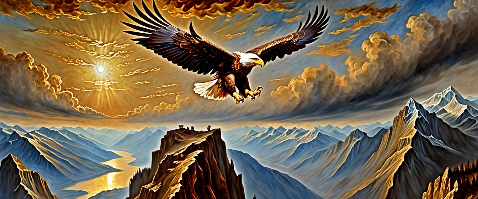 A masterpiece. Oil painting. A proud eagle soars above the peak. Increased attention to small details. Close-up. Danish angle. Octave filter. High resolution. 8K. Style: Vrubel,…