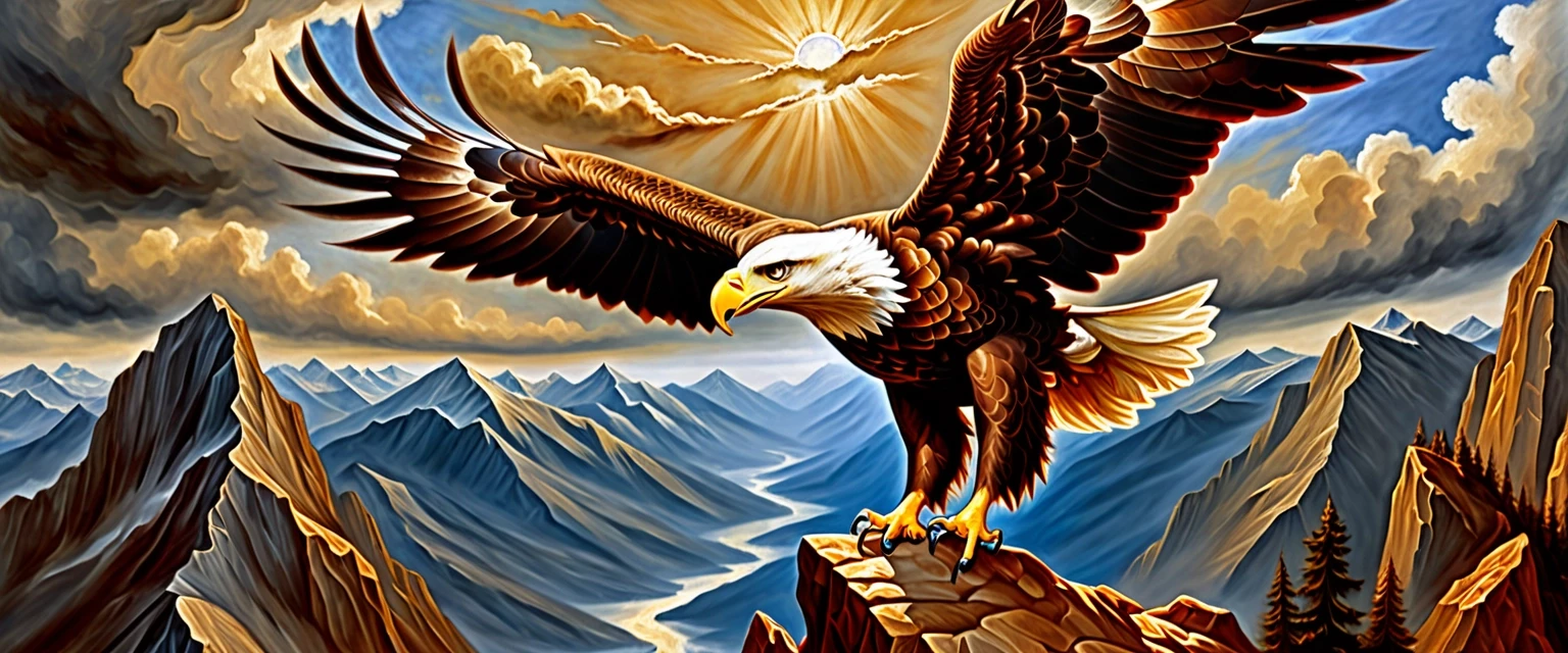 A masterpiece. Oil painting. A proud eagle soars above the peak. Increased attention to small details. Close-up. Danish angle. Octave filter. High resolution. 8K. Style: Vrubel,…
