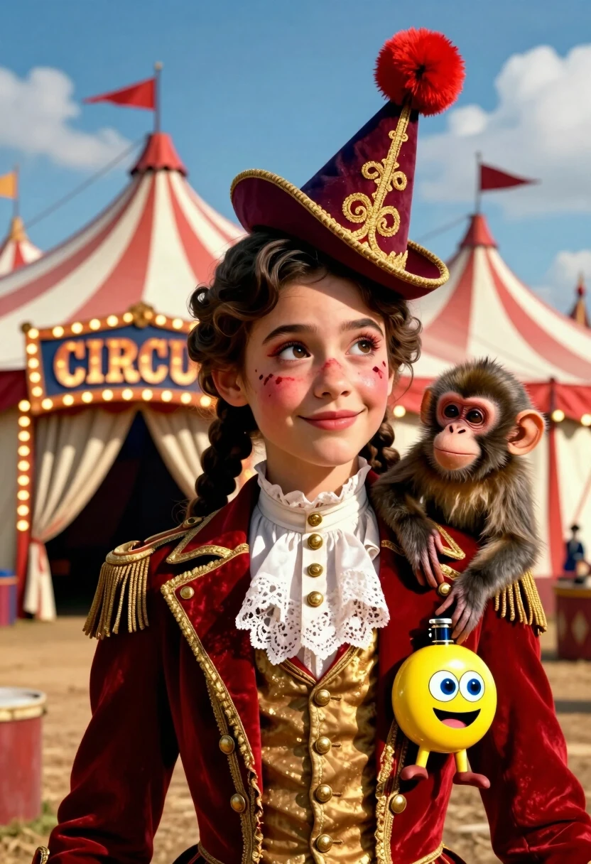 Create a cinematic, photorealistic 3D illustration in the style of a frame from a high‑budget circus film — a close‑up of a young performer against the backdrop of the main…