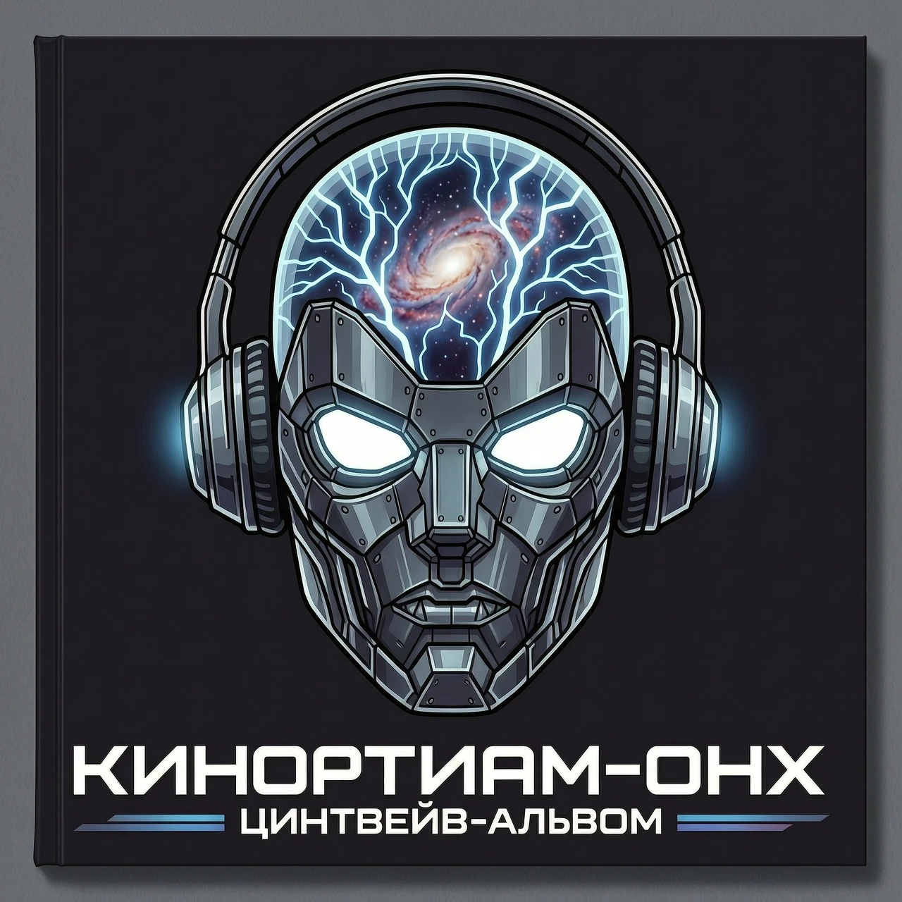 Кинематографичный графический арт в стиле киберпанк. Темная металлическая робо-маска с агрессивно светящимися белыми глазами. Верхняя часть головы прозрачная, внутри нее видна…