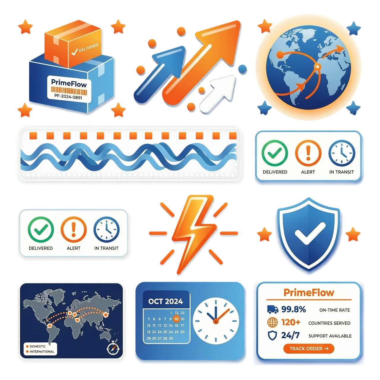 Set of 10 minimalist vector stickers with transparent background, featuring abstract logistics themes: PrimeFlow branded packages and boxes, dynamic flowing arrows, globe with…