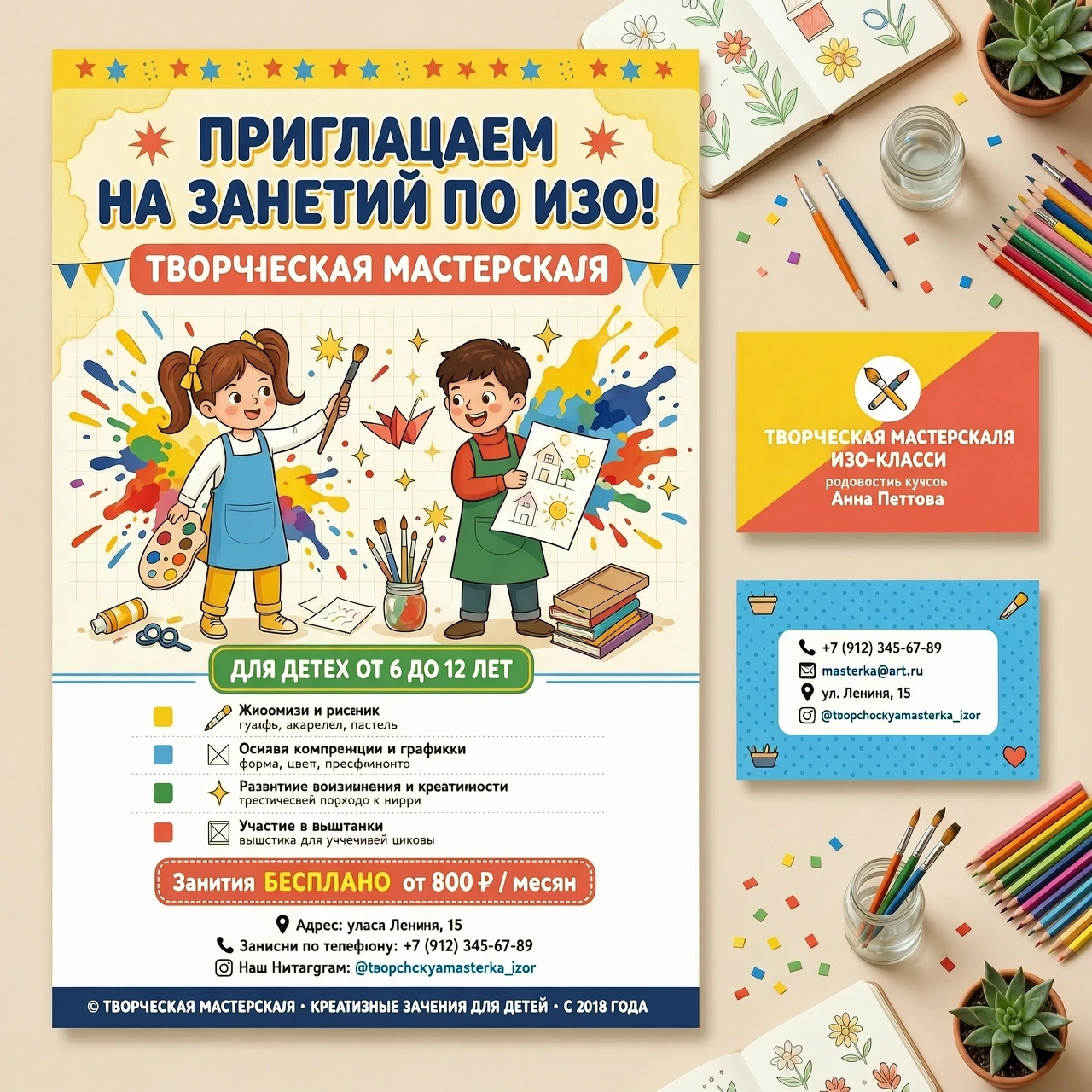 "Творческая мастерская" Крупный, яркий, игровой шрифт: ПРИГЛАШАЕМ НА ЗАНЯТИЯ ПО ИЗО![ЦЕНТР: Визуальный блок]Здесь располагается сгенерированный рисунок (яркие брызги…