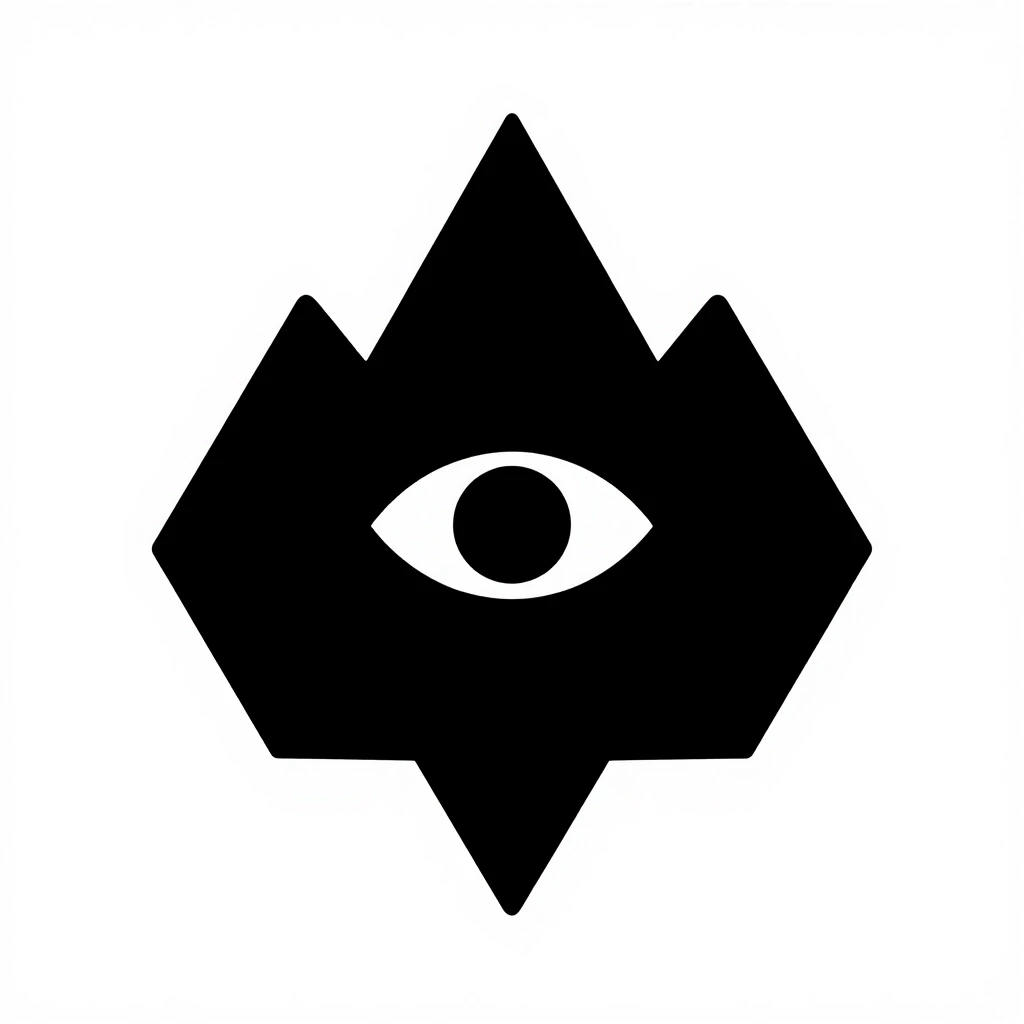Silhouette with a crest or logo. A mountain with three peaks is central above the others. In the center of the mountain, one large eye is depicted. The shape of the coat of arms…