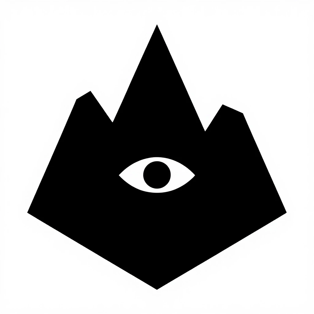 Silhouette with a crest or logo. A mountain with three peaks is central above the others. In the center of the mountain, one large eye is depicted. The shape of the coat of arms…