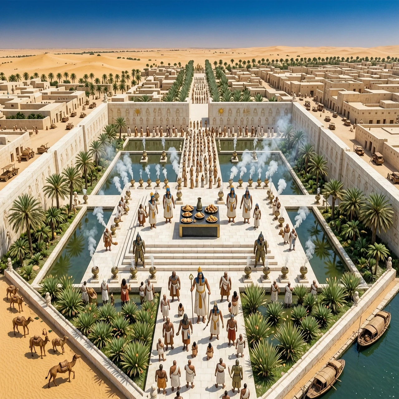 An epic aerial drone shot looking down at the massive Great Temple of Aten in Amarna. High-angle wide panorama showing a grand religious ceremony in progress. Inside the vast…