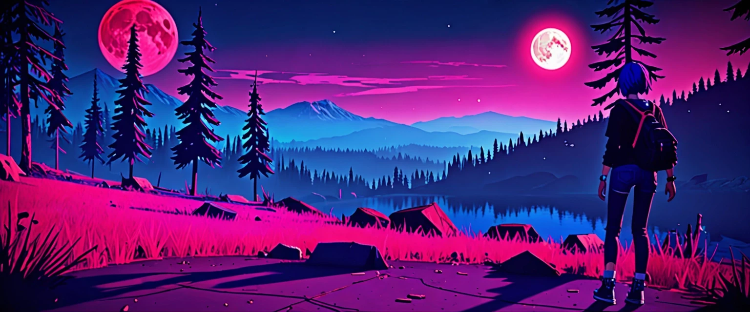 A natural landscape, art from *Life Is Strange*, Chloe Price, retro rave style, neon color, indigo, chrome, blood‑moon colors. — работа пользователя Быстрая Паутина