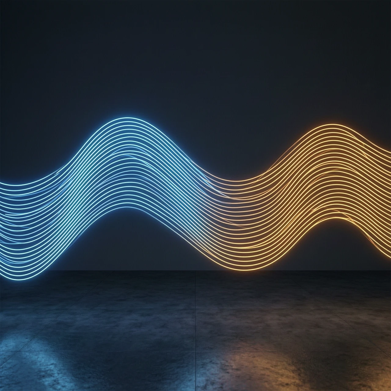 Minimalist cinematic scene, a glowing abstract wave pattern rising and falling, representing volatility, neon blue and amber colors on a dark background, no text on the image,…