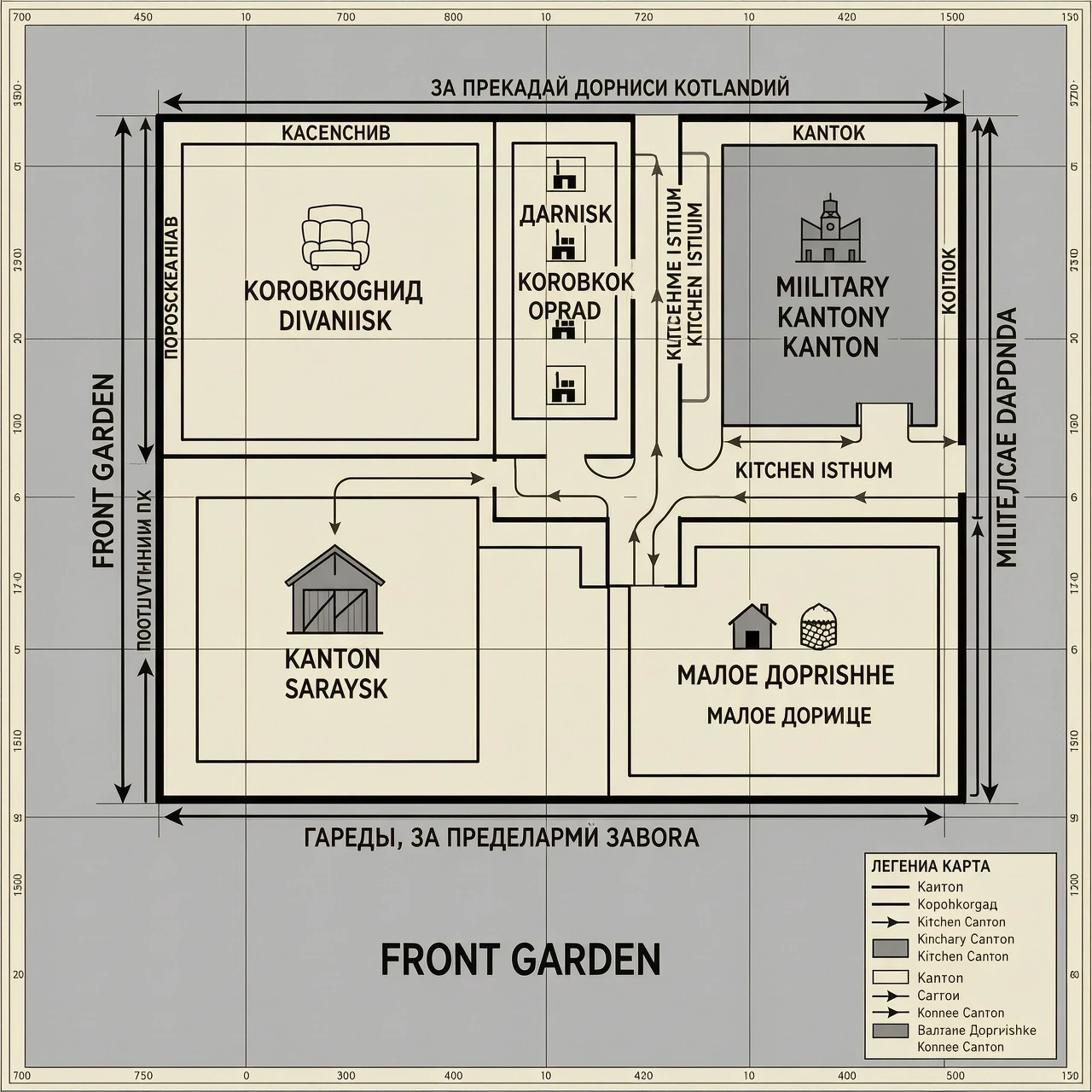Реалистичная цветная тактическая карта-схема земельного участка и частного дома кошачьей конфедерации Котландия. Вид строго сверху, плоский 2D-чертеж, генеральный план…