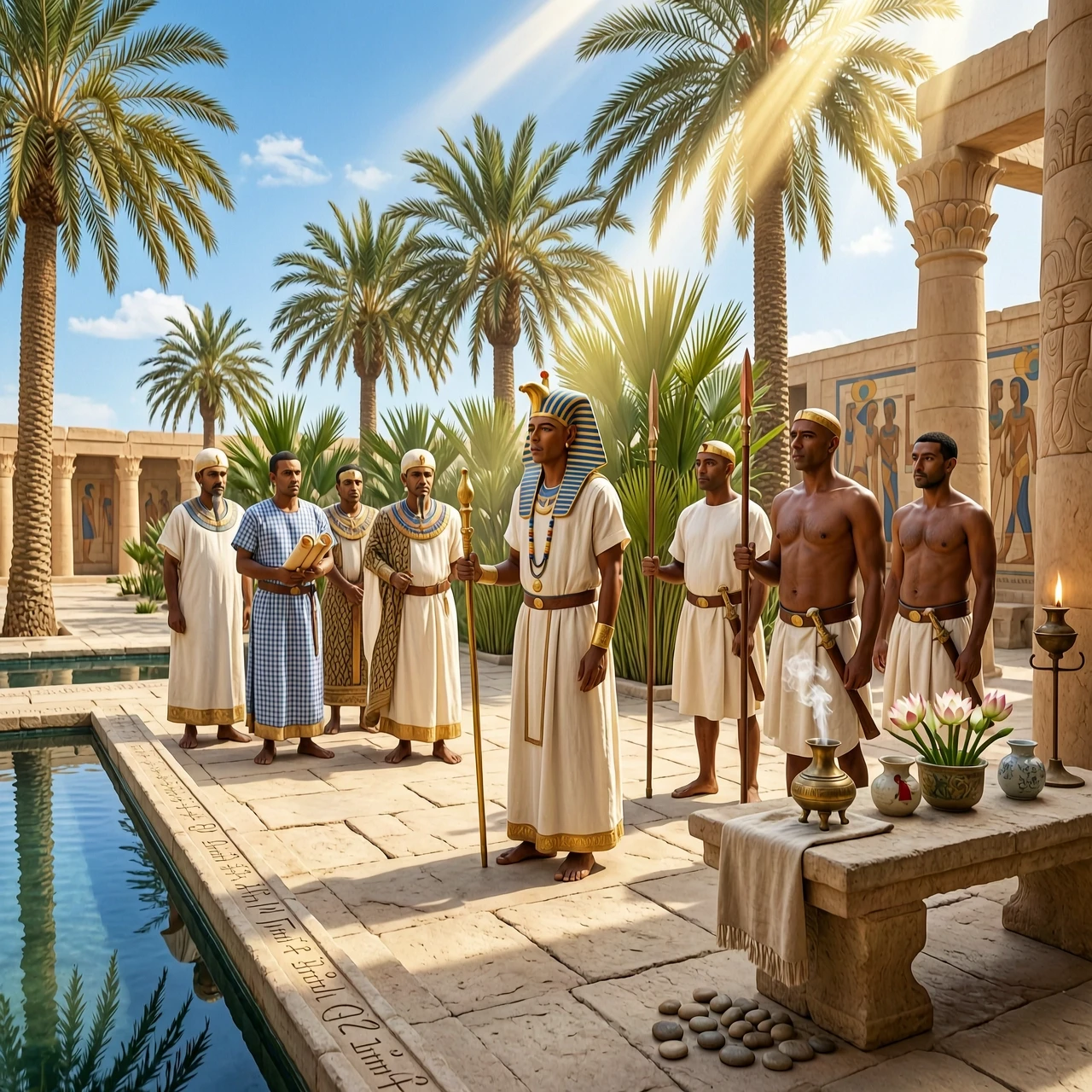 A vibrant, alive photo inside the Great Temple of Aten in Amarna with Pharaoh Akhenaten and his royal entourage. Akhenaten is standing in front of the sunbeams, wearing a white…