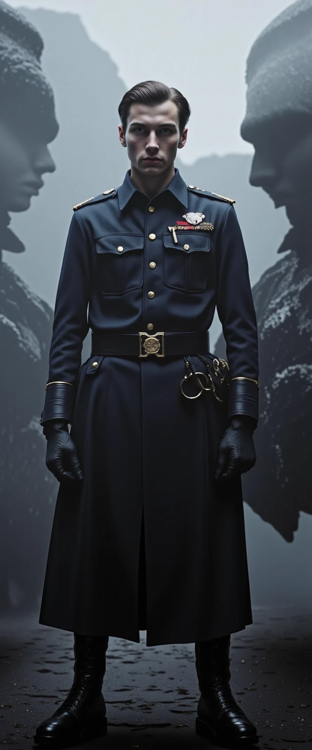 Create a detailed full-length cinematic portrait of a 25-year-old slender and athletic officer of the Russian Imperial Army. His expression is tense: his gray eyes express…