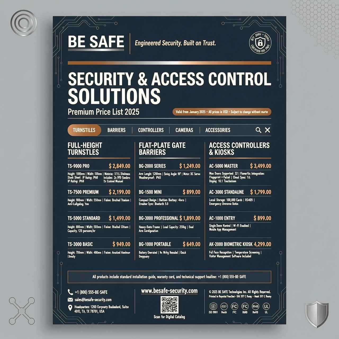 "Design a premium, high-end B2B price list layout for security and access control equipment (turnstiles, barriers, controllers). Color Palette: A sophisticated combination…