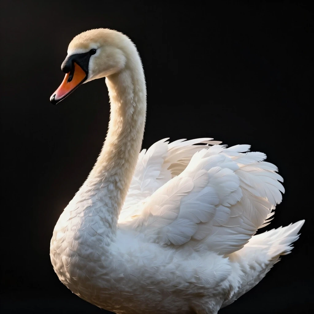 A high-end 3D studio render of a majestic white swan facing left, elegant perfectly curved neck. Solid seamless deep pitch-black background. Luxury fashion editorial aesthetic,…