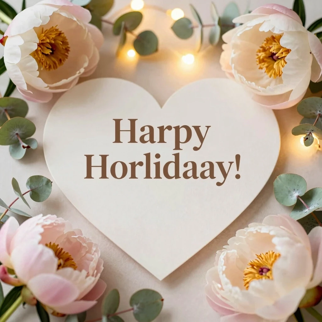 Warm and tender holiday greeting composition. Soft golden bokeh lights glowing in the background, delicate pastel flowers — peonies and eucalyptus branches — framing the edges.…