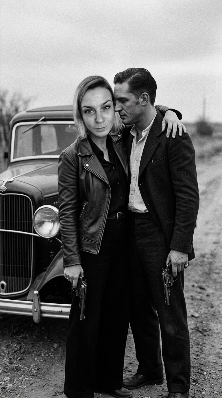 Hyper-realistic cinematic film still, authentic 1930s vintage photograph style. A woman with the exact facial features of the provided image, portrayed as Bonnie Parker,…