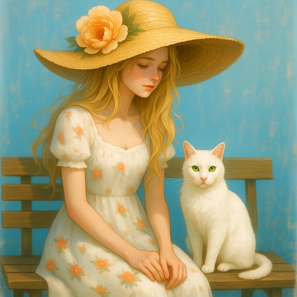 The image is a digital art piece that features a young woman with long blonde hair and a large straw hat with a large flower on top. She is wearing a white dress with a floral…