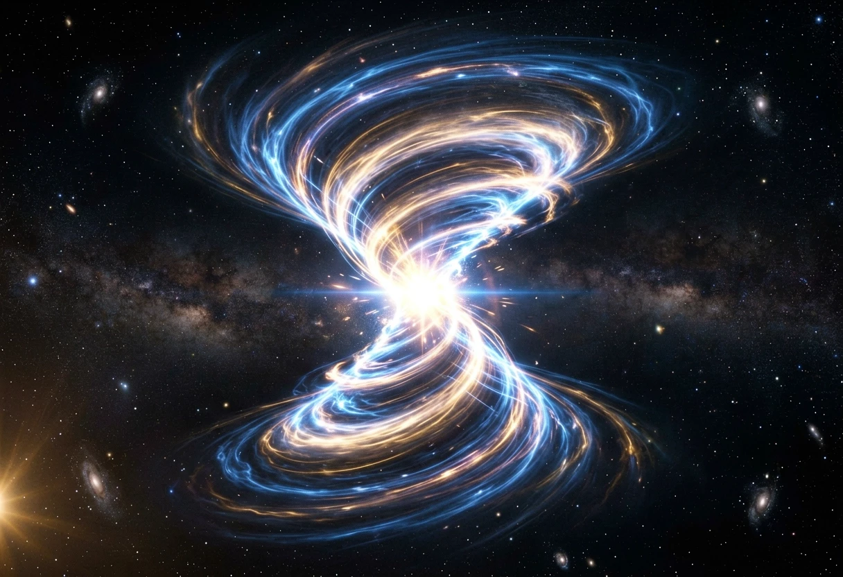 "A massive galactic quantum spiral shaped like an hourglass, consisting of two gigantic rotating energy funnels that taper and meet at the exact center. A blinding quantum…
