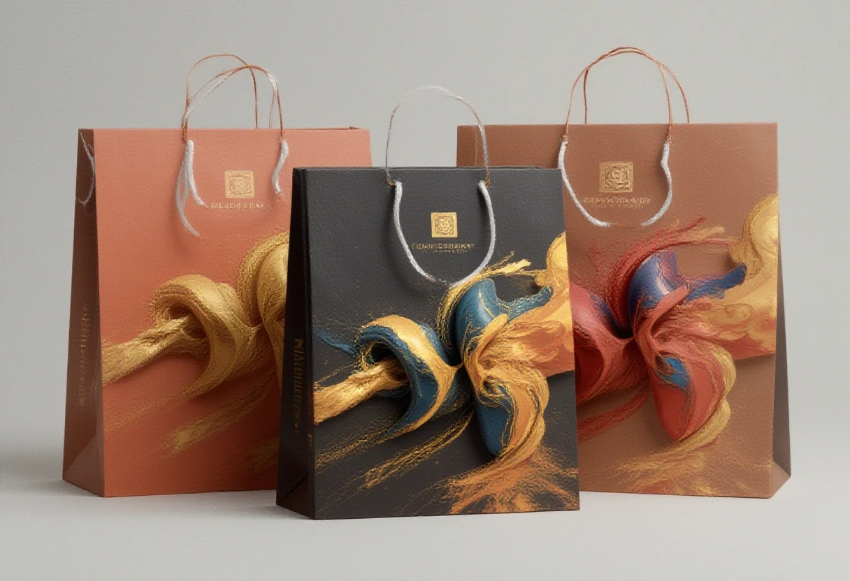 Photorealistic studio shot of three tall paper shopping bags with white rope handles on a clean light neutral background. Left bag in Muted Clay palette (soft terracotta, warm…