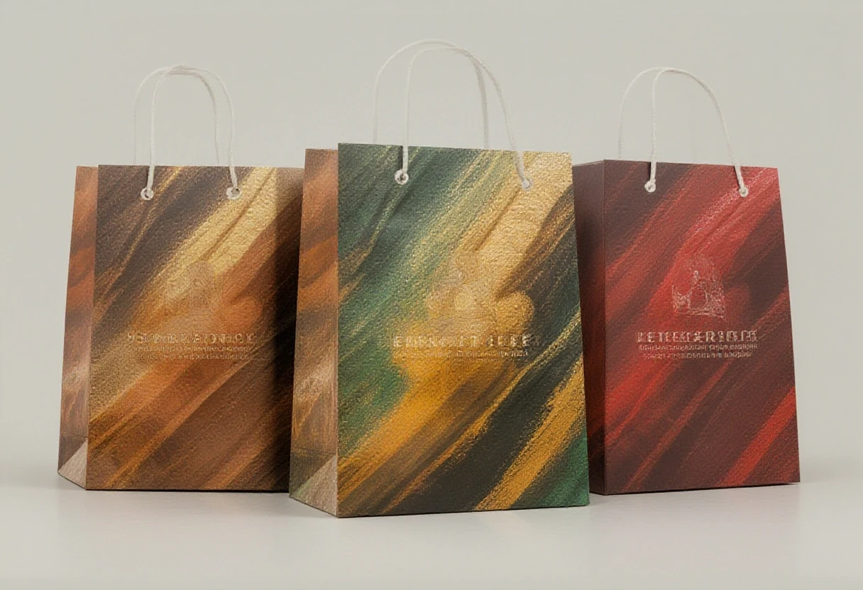Photorealistic studio shot of three tall paper shopping bags with white rope handles on a clean light neutral background. Left bag in Muted Clay palette (soft terracotta, warm…