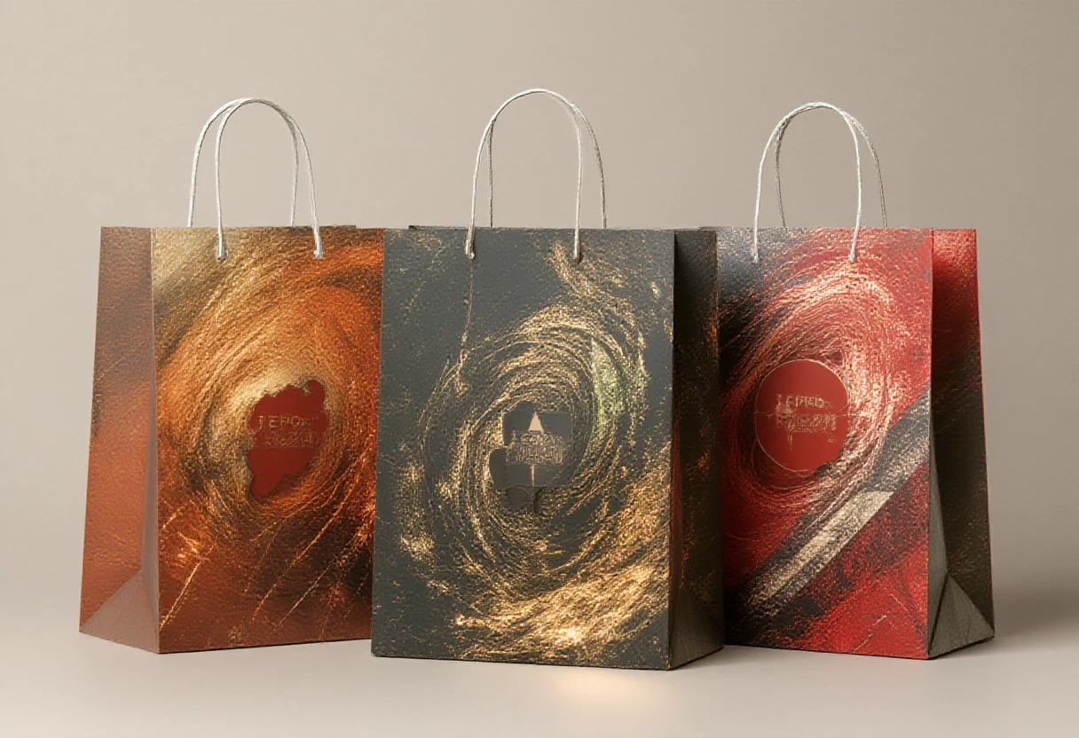 Photorealistic studio shot of three tall paper shopping bags with white rope handles on a clean light neutral background. Left bag in Muted Clay palette (soft terracotta, warm…