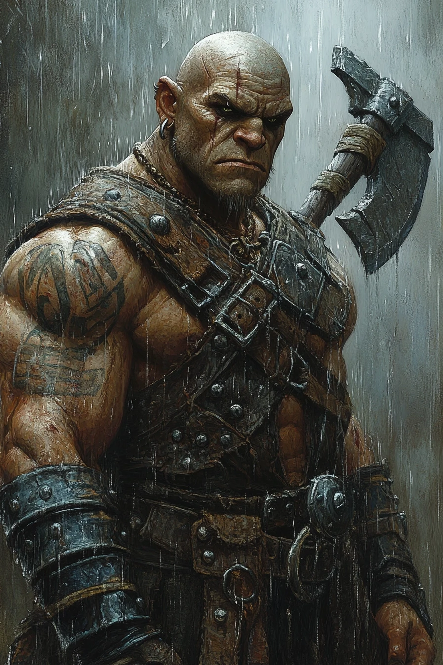 Fantasy character portrait, half-orc male, bald, face tattoos, massive muscular build, wearing heavy leather vest with metal bracers, holding a two-handed axe, calm but…