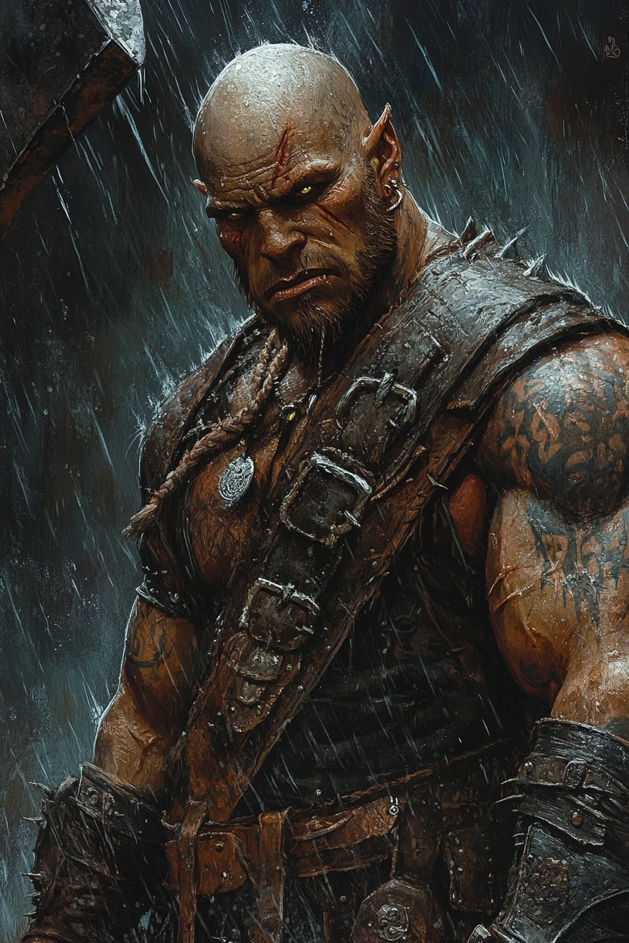 Fantasy character portrait, half-orc male, bald, face tattoos, massive muscular build, wearing heavy leather vest with metal bracers, holding a two-handed axe, calm but…