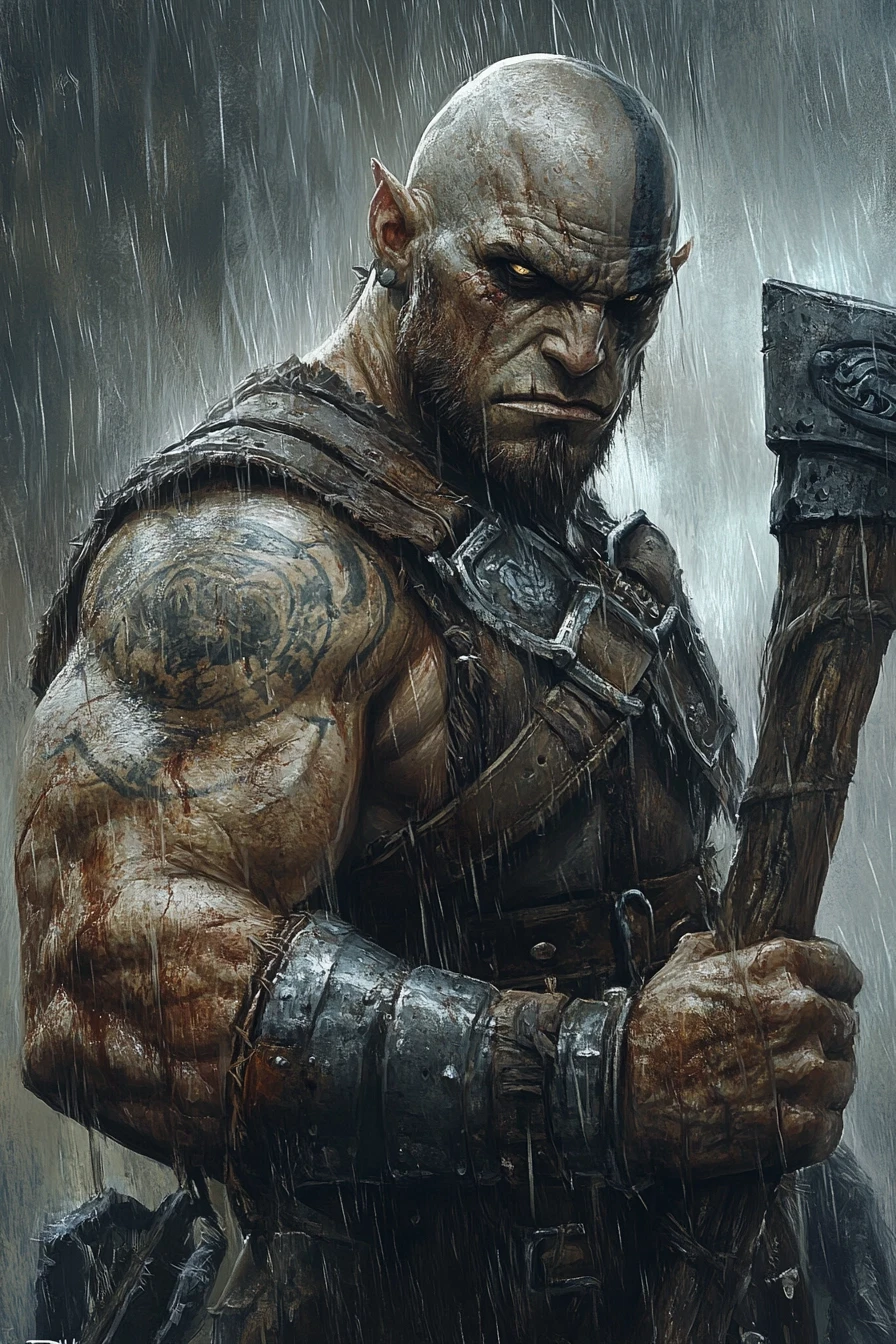 Fantasy character portrait, half-orc male, bald, face tattoos, massive muscular build, wearing heavy leather vest with metal bracers, holding a two-handed axe, calm but…