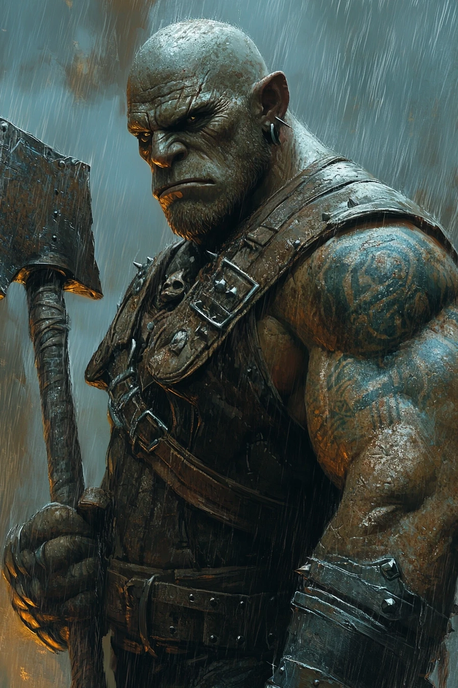 Fantasy character portrait, half-orc male, bald, face tattoos, massive muscular build, wearing heavy leather vest with metal bracers, holding a two-handed axe, calm but…